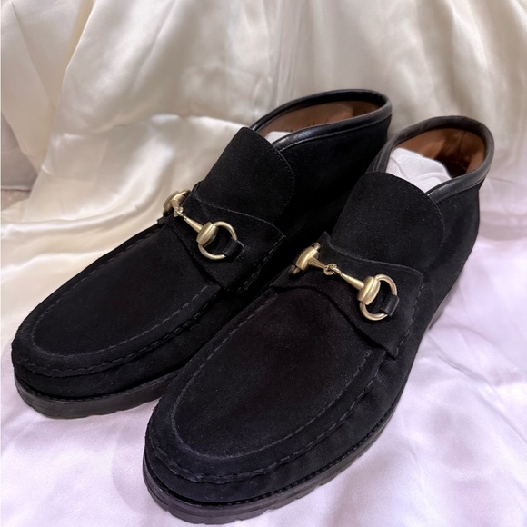 Gucci Shoes - Gucci Black Suede Loafers with Gold Accent